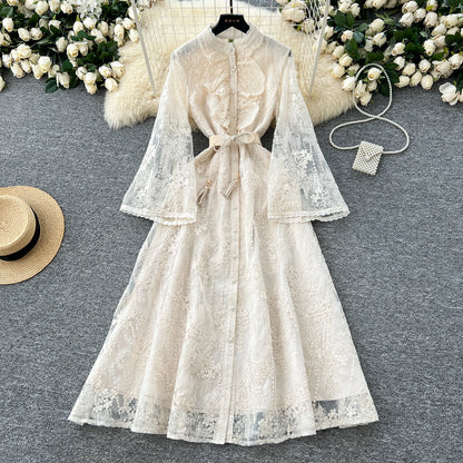 French Luxury Fashion Flower Mesh Embroidery Dress High Quality Women Stand Long Flare Sleeve Ruffles Belt Party Long Vestidos