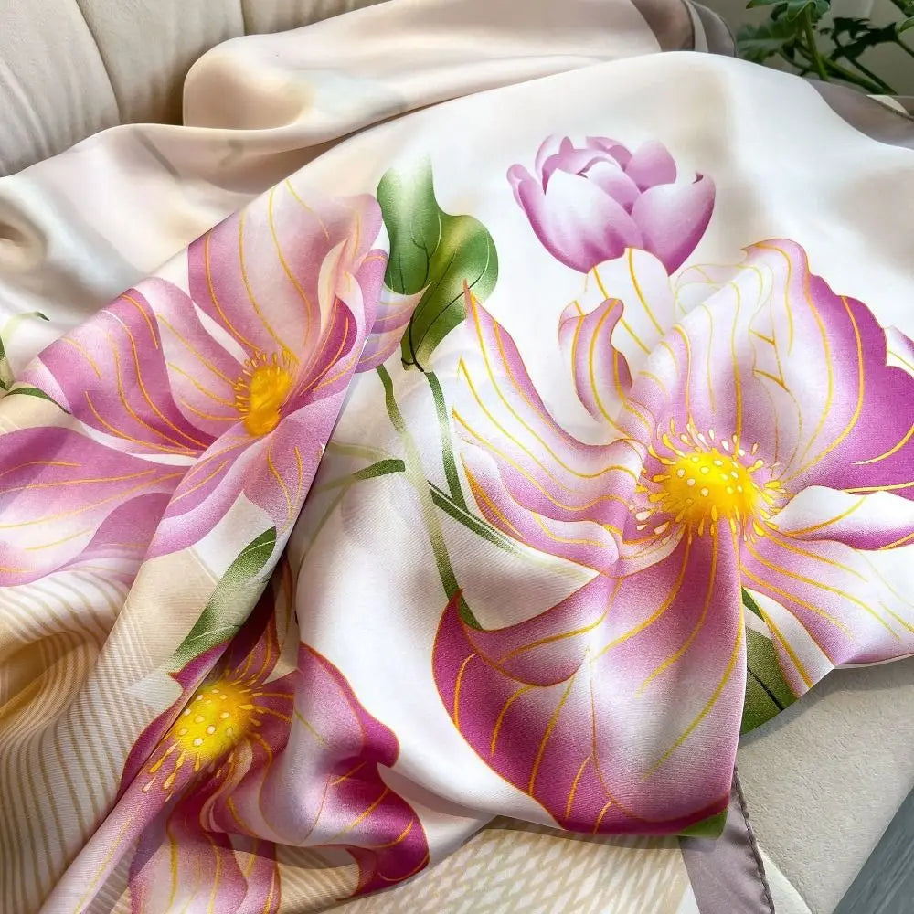 Fashion Korean Luxury Silk Scarf Elegant Lotus Pattern Chiffon Shawl Wrap Printing Soft Women Hijab Shawls Female
