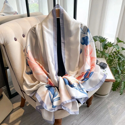 Fashion Korean Luxury Silk Scarf Elegant Lotus Pattern Chiffon Shawl Wrap Printing Soft Women Hijab Shawls Female