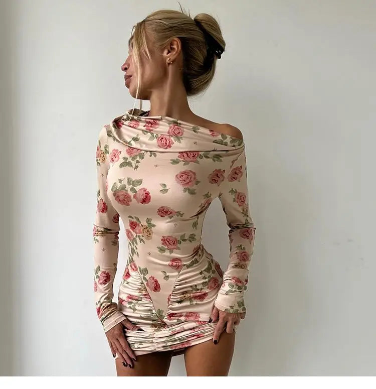 French Style Is Beautiful and Pure, Classical Artist Floral Pleated Slanted Shoulder Long-sleeved Dress Women&