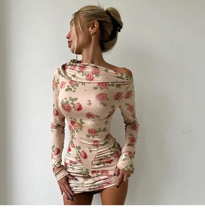French Style Is Beautiful and Pure, Classical Artist Floral Pleated Slanted Shoulder Long-sleeved Dress Women&