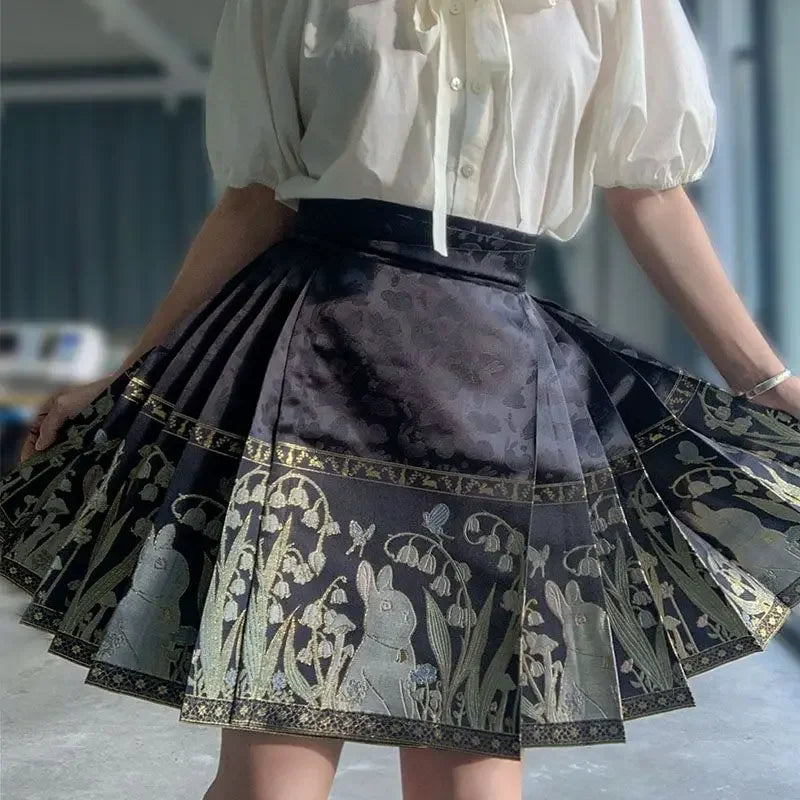 2024 New Fashion Chinese Style Retro Summer Printed Pleated Lace Up Women&
