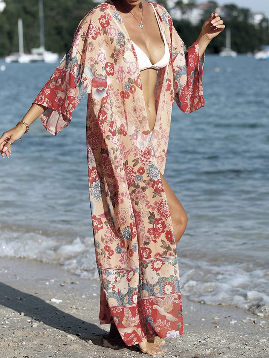 Floral Print Bikini Sexy Cover Up For Beach Long Kimonos Bikini Cover Up Robe de Plage Sarong Beach Swimsuit Cardigans Cover-ups