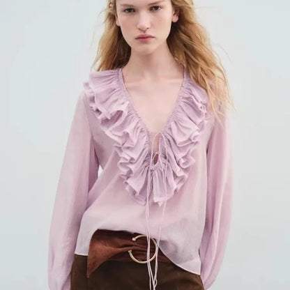 Spring New Sle White Loose Layered V-Ne Decorative irt Design Polyester Fiber Long Sve Regular Length Women&