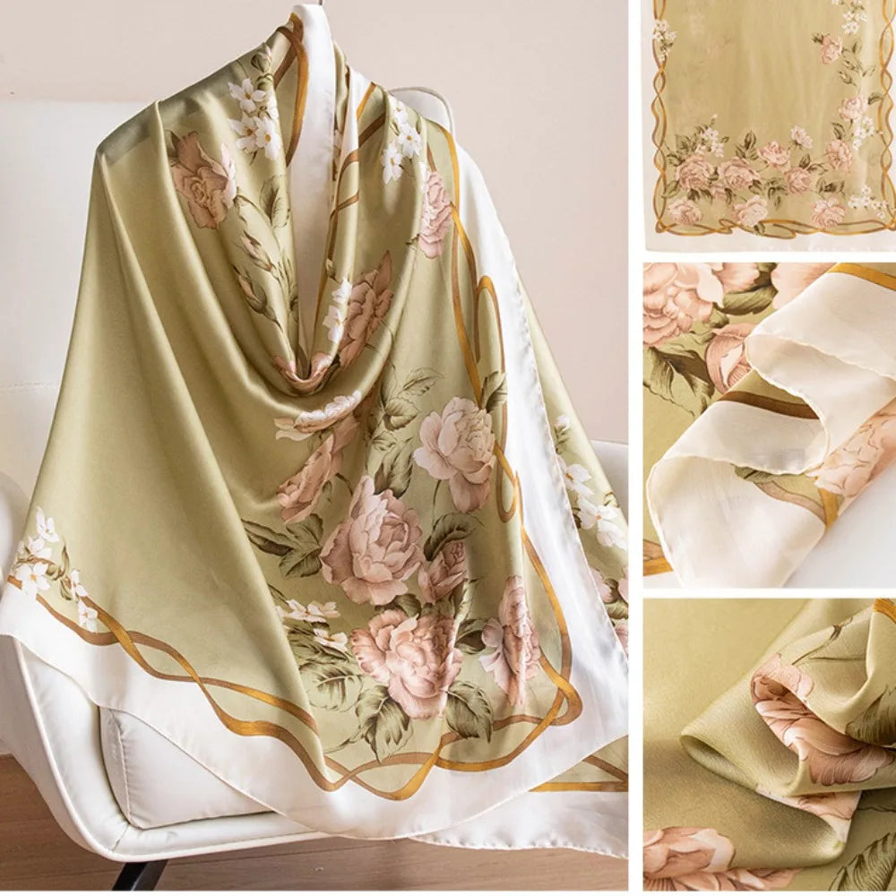 Fashion Korean Luxury Silk Scarf Elegant Lotus Pattern Chiffon Shawl Wrap Soft Printing Women Hijab Shawls Female
