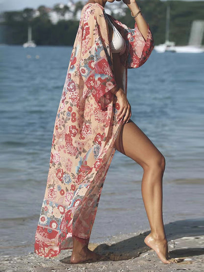 Floral Print Bikini Sexy Cover Up For Beach Long Kimonos Bikini Cover Up Robe de Plage Sarong Beach Swimsuit Cardigans Cover-ups