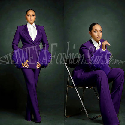 Fashion Chic Suits For Women Luxury Feather Applique Single Breasted 2 Pieces Female Suit (Blazer+Pants) Conjuntos De Pantalones