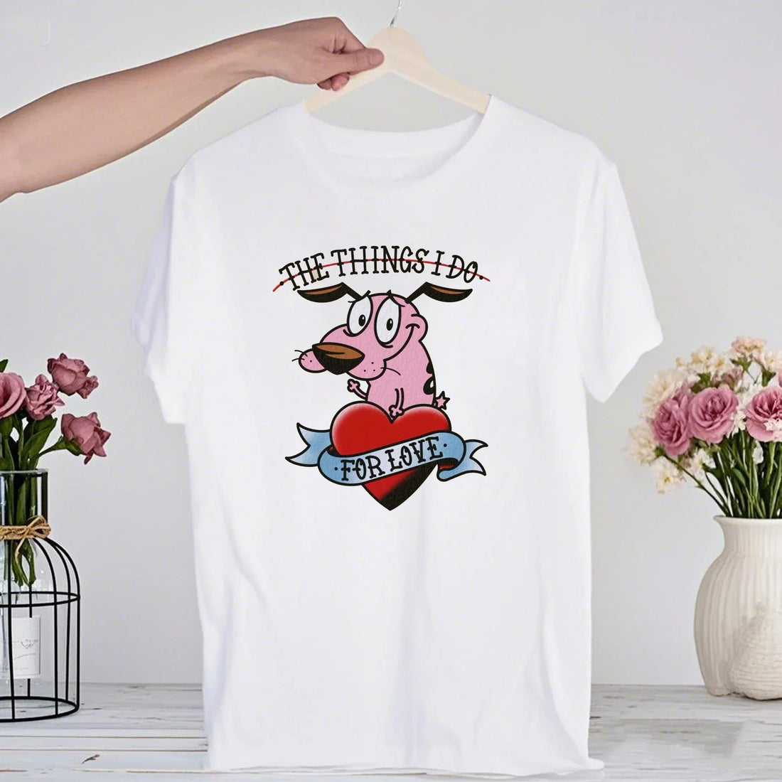 90‘s Cartoon Courage The Cowardly Dog Graphic TShirt Retro Street Fashion Summer Clothing Tops Gift Men Women Couple Cotton Tees