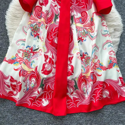 Fashion High-End Feeling Gown Dress Elegant European Court Style Long Printed Slimming New Women&