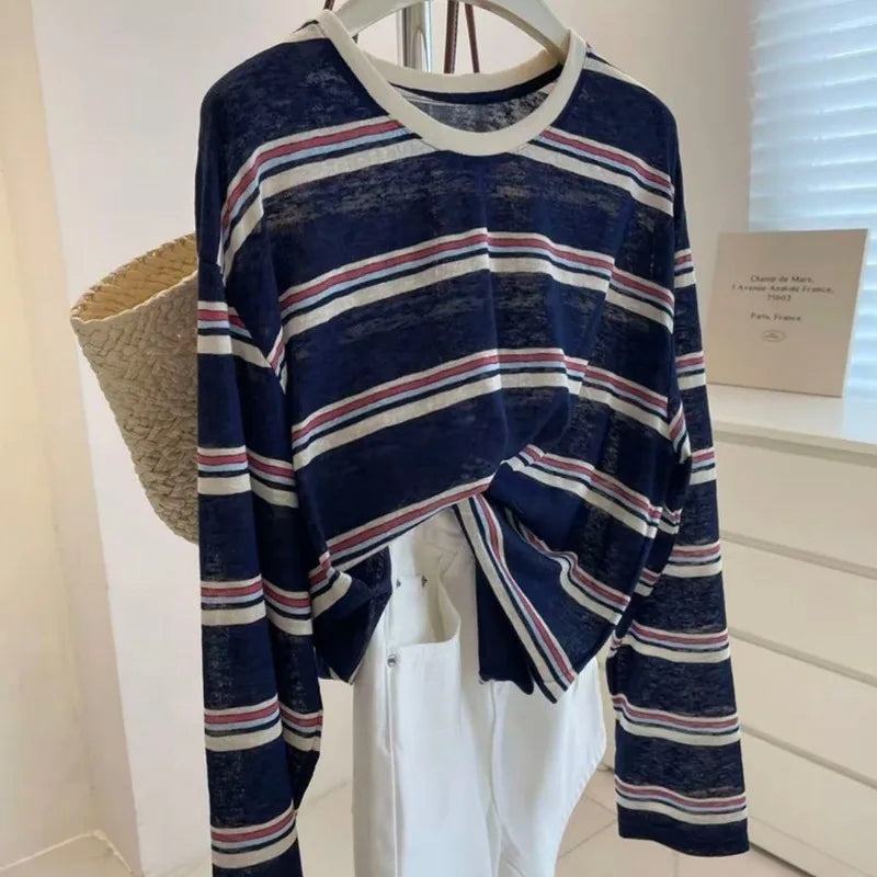 Women Clothes Spring Autumn Fashion Simplicity All-match Striped Color Blocking O-neck Ladies Appear Thin Lazy Wind Long Sleeve