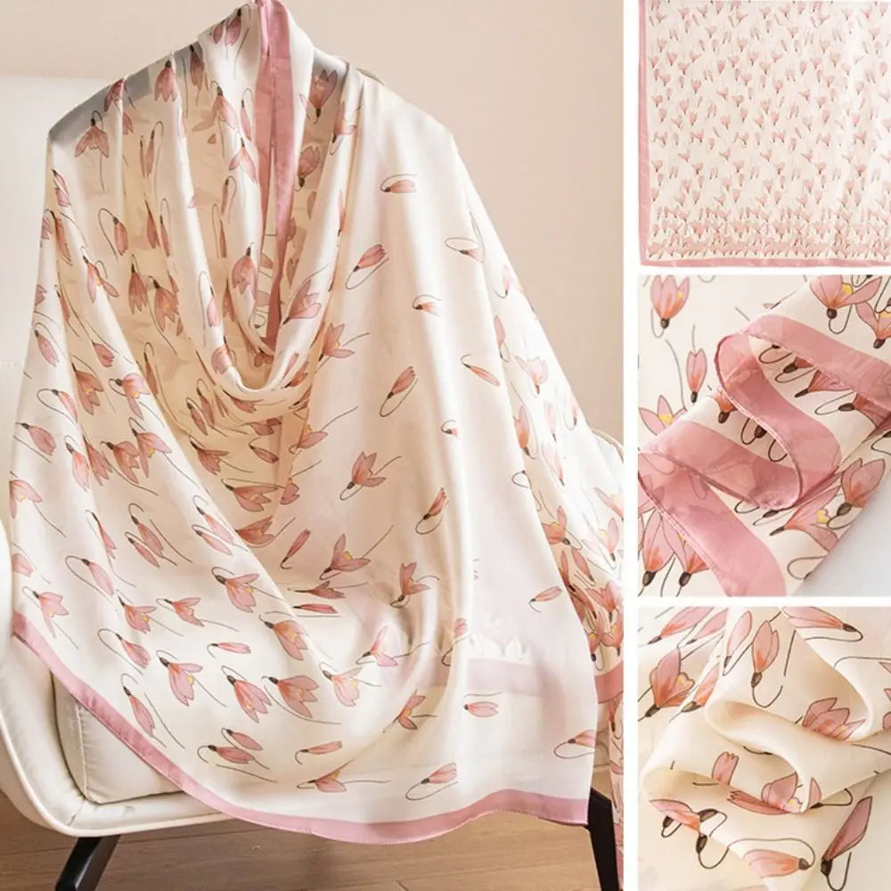 Fashion Korean Luxury Silk Scarf Elegant Lotus Pattern Chiffon Shawl Wrap Soft Printing Women Hijab Shawls Female