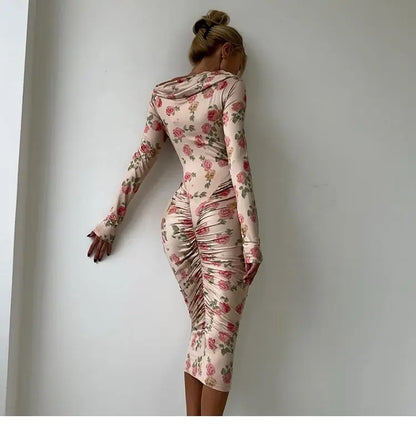 French Style Is Beautiful and Pure, Classical Artist Floral Pleated Slanted Shoulder Long-sleeved Dress Women&