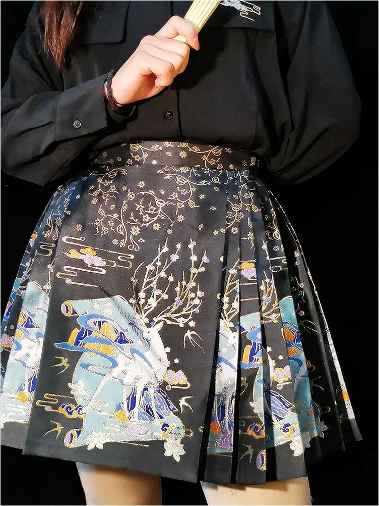 2024 New Fashion Chinese Style Retro Summer Printed Pleated Lace Up Women&