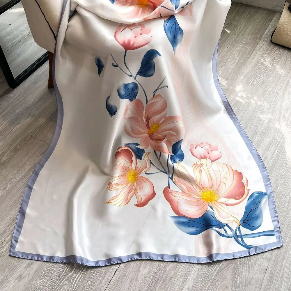 Fashion Korean Luxury Silk Scarf Elegant Lotus Pattern Chiffon Shawl Wrap Soft Printing Women Hijab Shawls Female