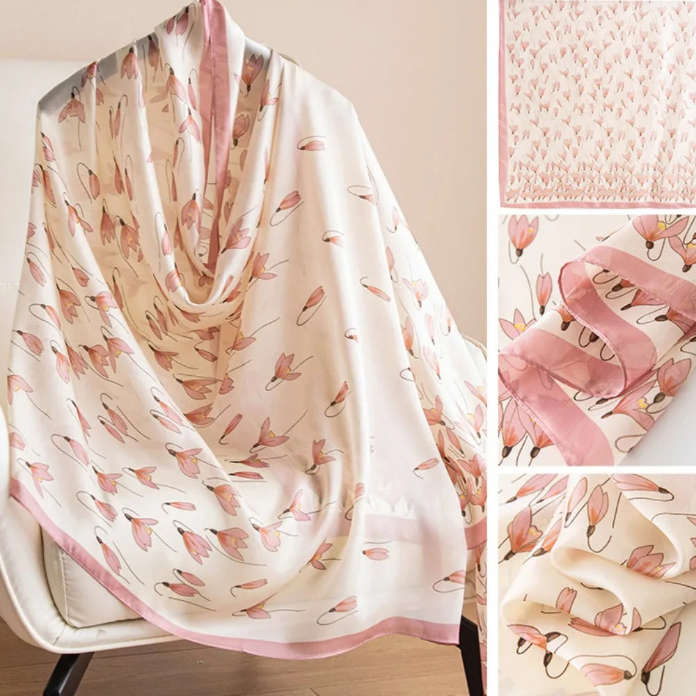 Fashion Korean Luxury Silk Scarf Elegant Lotus Pattern Chiffon Shawl Wrap Printing Soft Women Hijab Shawls Female
