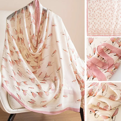 Fashion Korean Luxury Silk Scarf Elegant Lotus Pattern Chiffon Shawl Wrap Printing Soft Women Hijab Shawls Female
