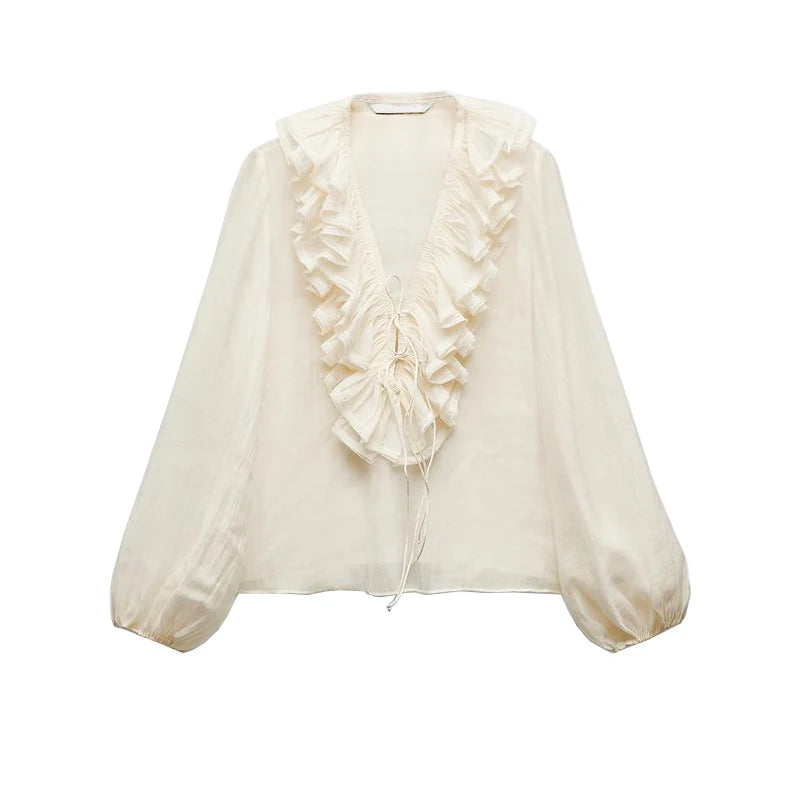Spring New Sle White Loose Layered V-Ne Decorative irt Design Polyester Fiber Long Sve Regular Length Women&
