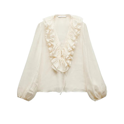 Spring New Sle White Loose Layered V-Ne Decorative irt Design Polyester Fiber Long Sve Regular Length Women&