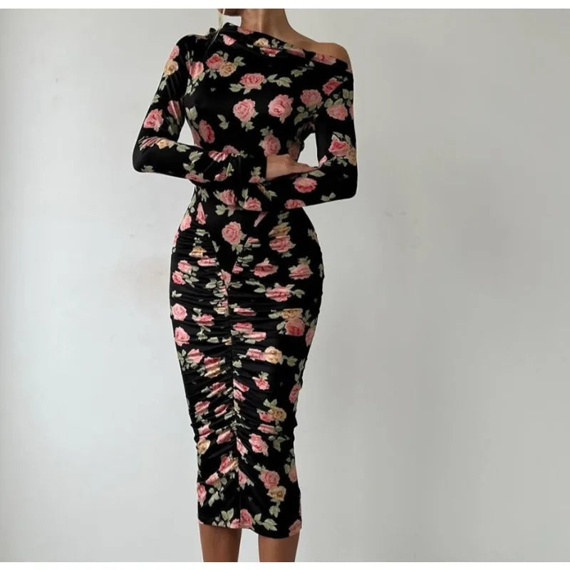 French Style Is Beautiful and Pure, Classical Artist Floral Pleated Slanted Shoulder Long-sleeved Dress Women&