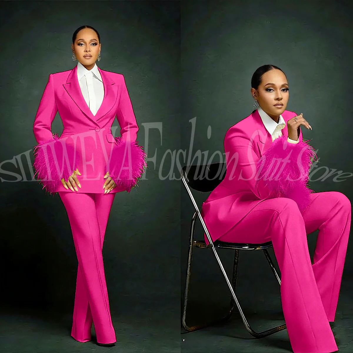 Fashion Chic Suits For Women Luxury Feather Applique Single Breasted 2 Pieces Female Suit (Blazer+Pants) Conjuntos De Pantalones
