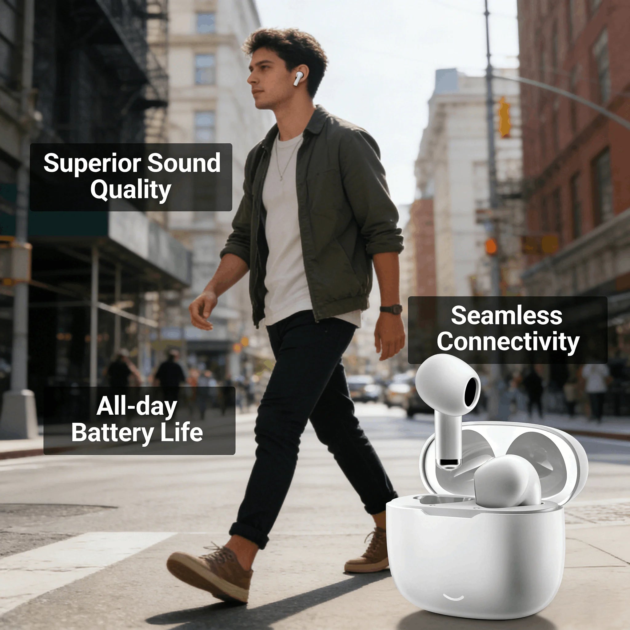 New wireless Bluetooth earbuds with advanced acoustics, compact design, hi-fi sound, ultra-lightweight semi-in-ear fit,