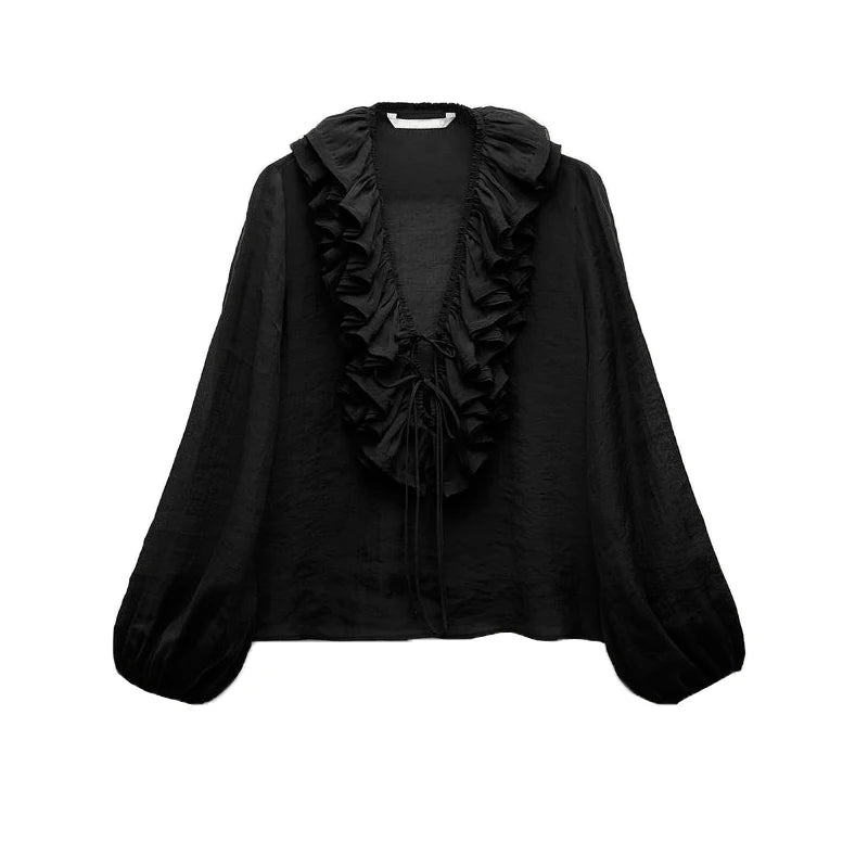 Spring New Sle White Loose Layered V-Ne Decorative irt Design Polyester Fiber Long Sve Regular Length Women&