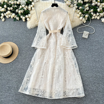 French Luxury Fashion Flower Mesh Embroidery Dress High Quality Women Stand Long Flare Sleeve Ruffles Belt Party Long Vestidos